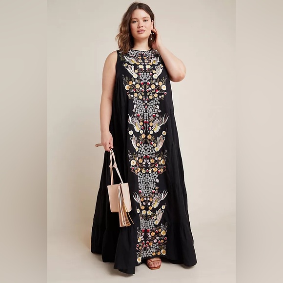 Anthropologie Jacaranda Tiered Embroidered Maxi Dress Size 12 Boho Floral Flowy - Picture 1 of 12
